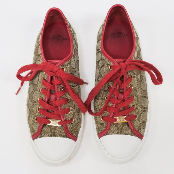 Coach Empire Outline Canvas Sneakers - Tan & Red - Picture 2 of 13